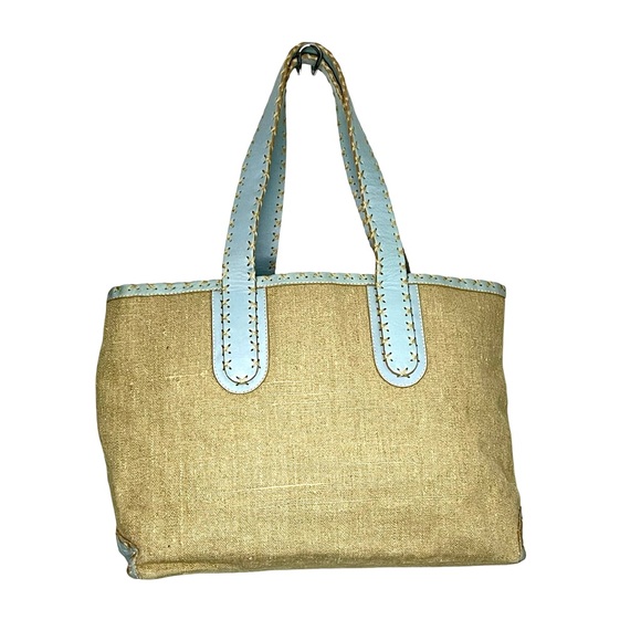 rd2 Tan Blue Canvas Leather Whipstitch Tote Shoulder Bag - Picture 1 of 9